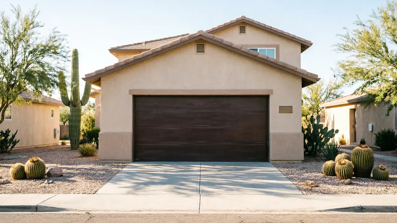 A two-story house has a dark brown garage door and desert landscaping.
