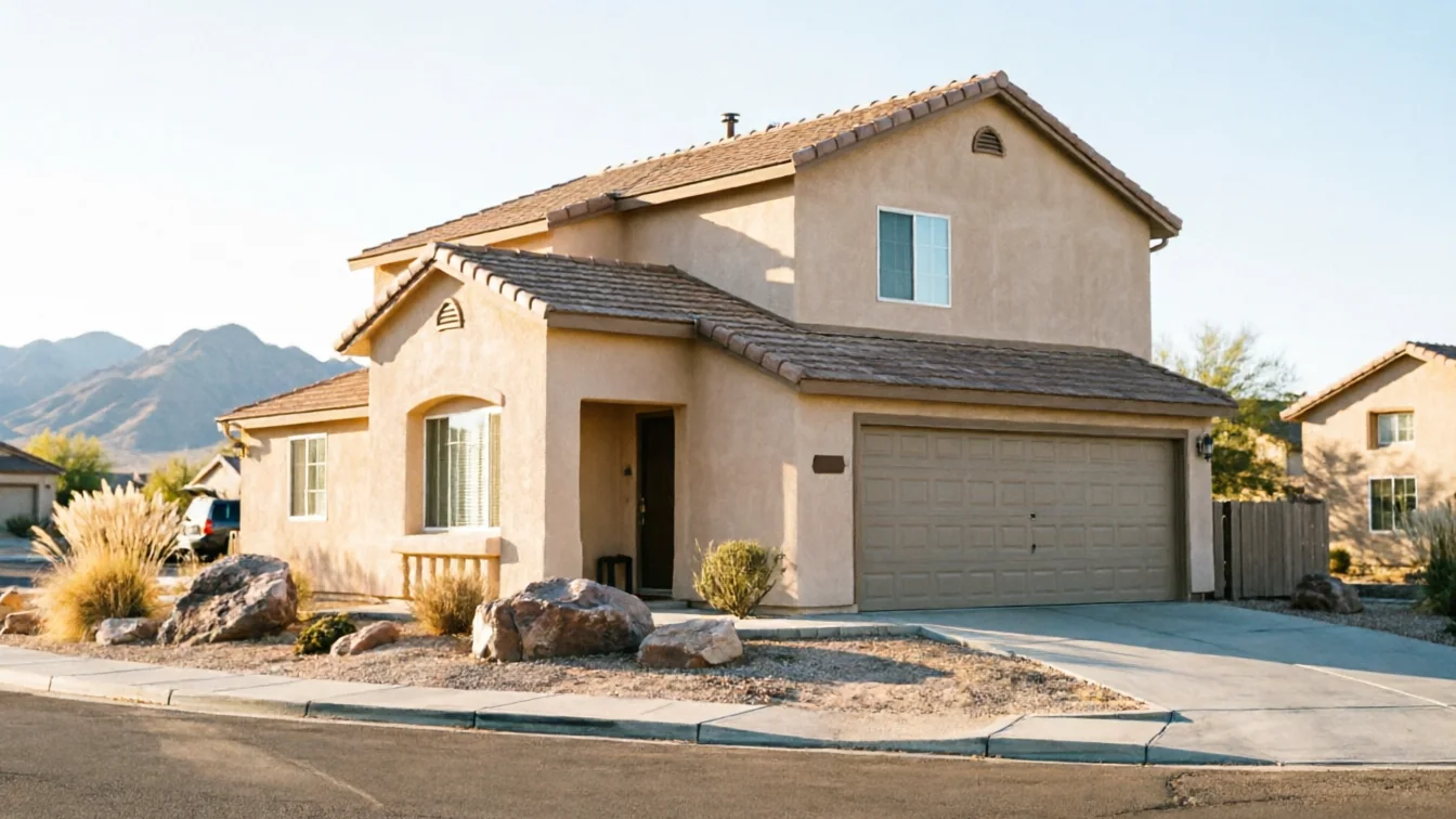 A two-story stucco house with a brown garage door and a desert landscape.