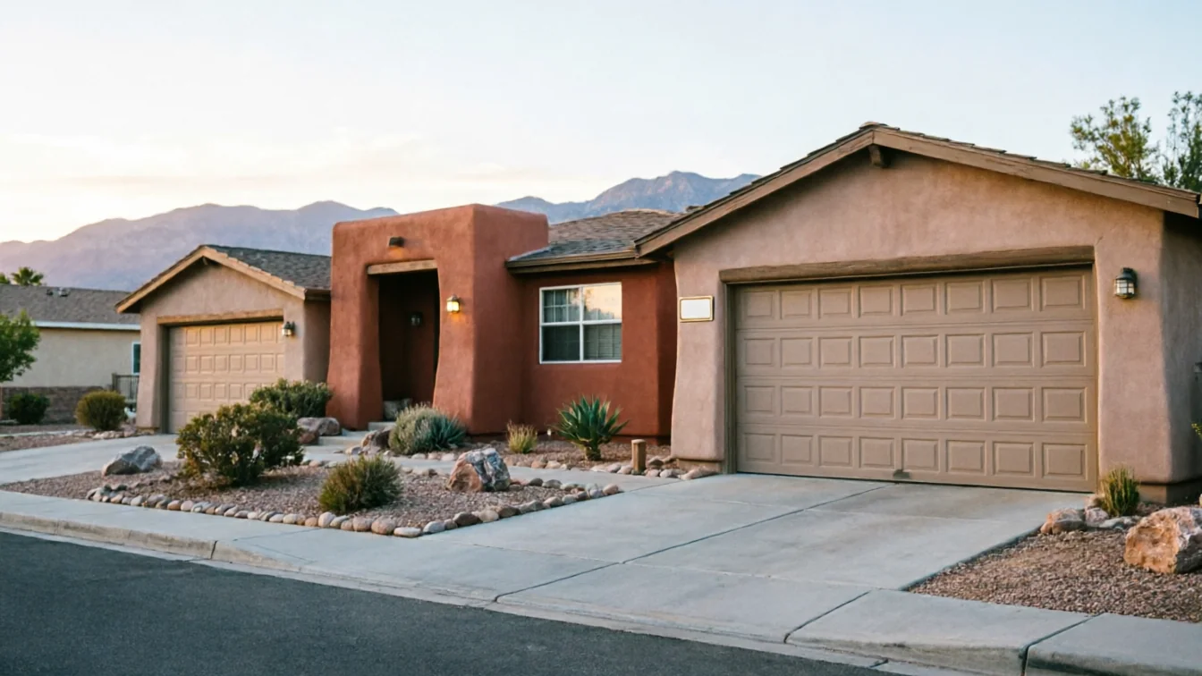 Two houses with tan garage doors and desert landscaping are visible from the street.