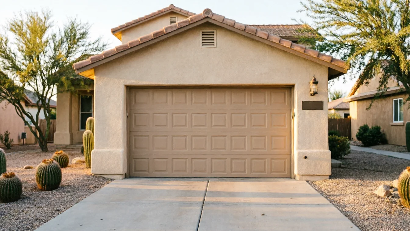 The house has a tan garage door with square panels and a light-colored stucco exterior.