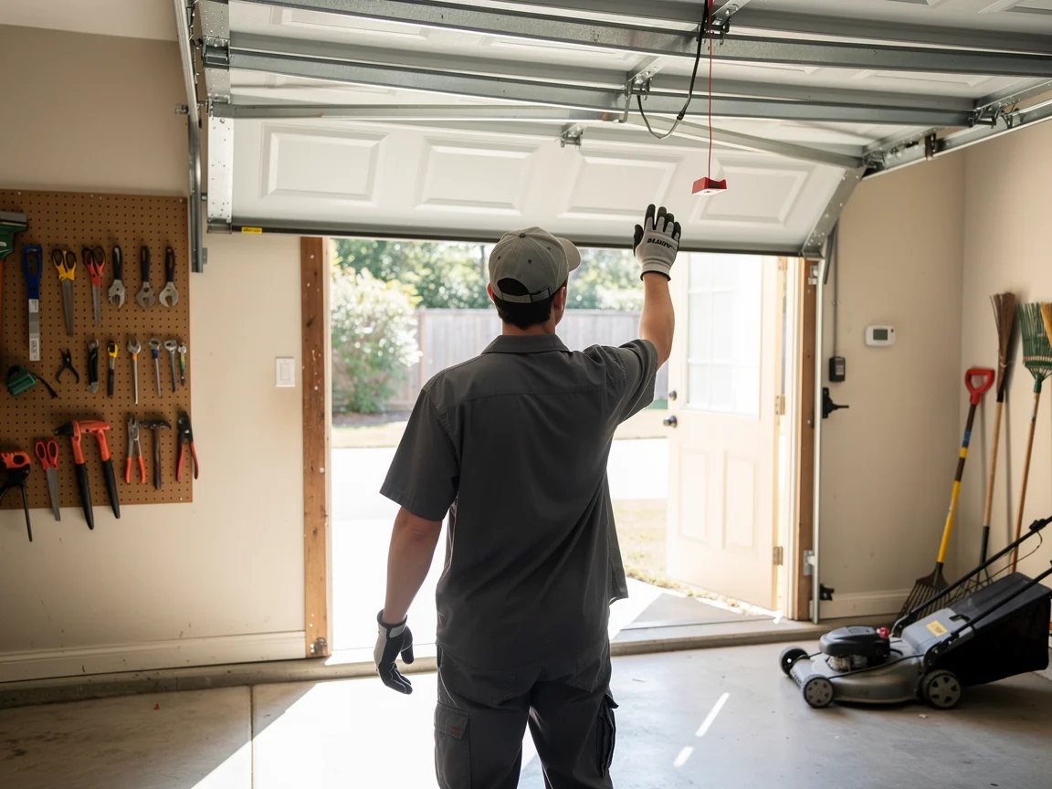 A technician in a gray uniform and gloves is looking at an open garage door.