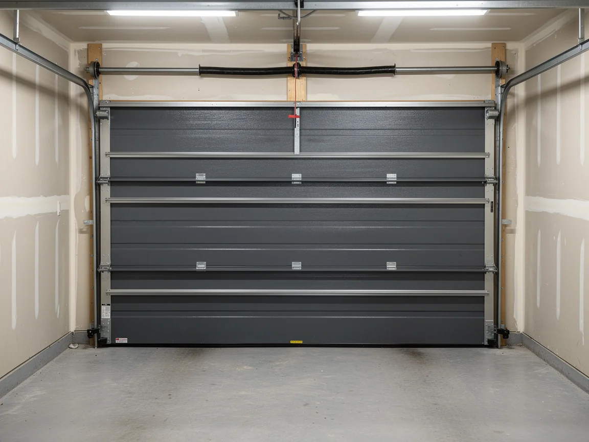 A closed gray garage door is visible from inside a garage.