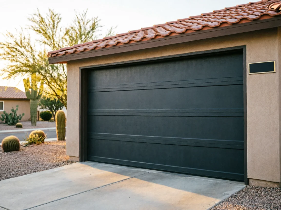 A dark gray garage door is on a tan house with a red tile roof.