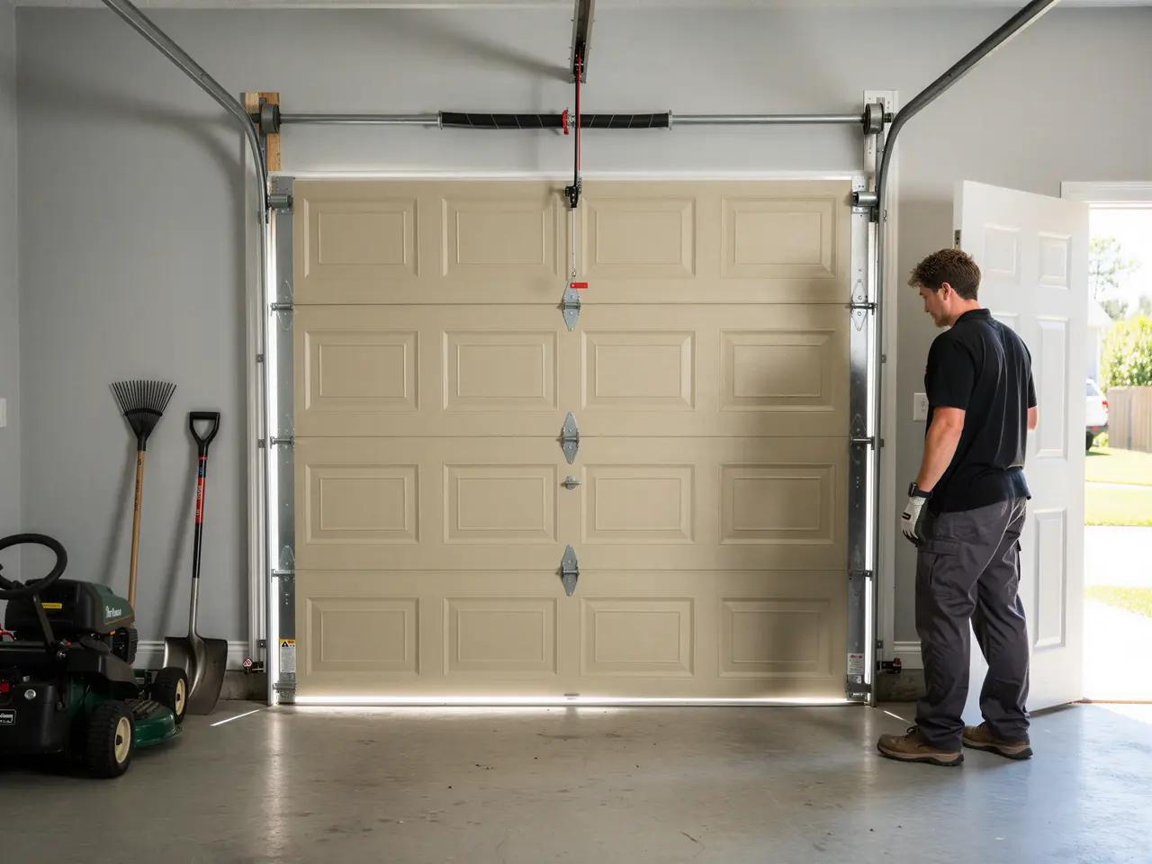 A technician stands next to a closed beige garage door inside a garage.