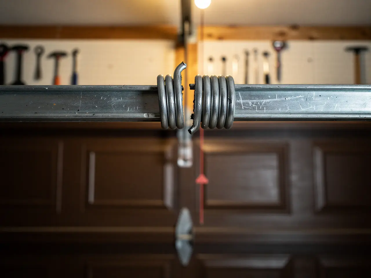 A broken torsion spring is visible on a garage door.