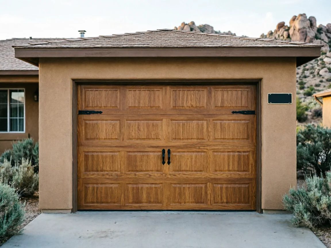 A brown wooden garage door with decorative black hardware is on a stucco house.